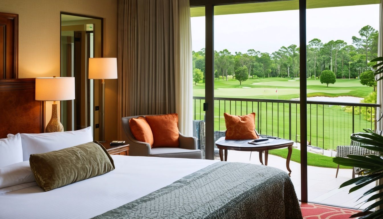 A hotel room with golf course views, elegant decor, and balcony.