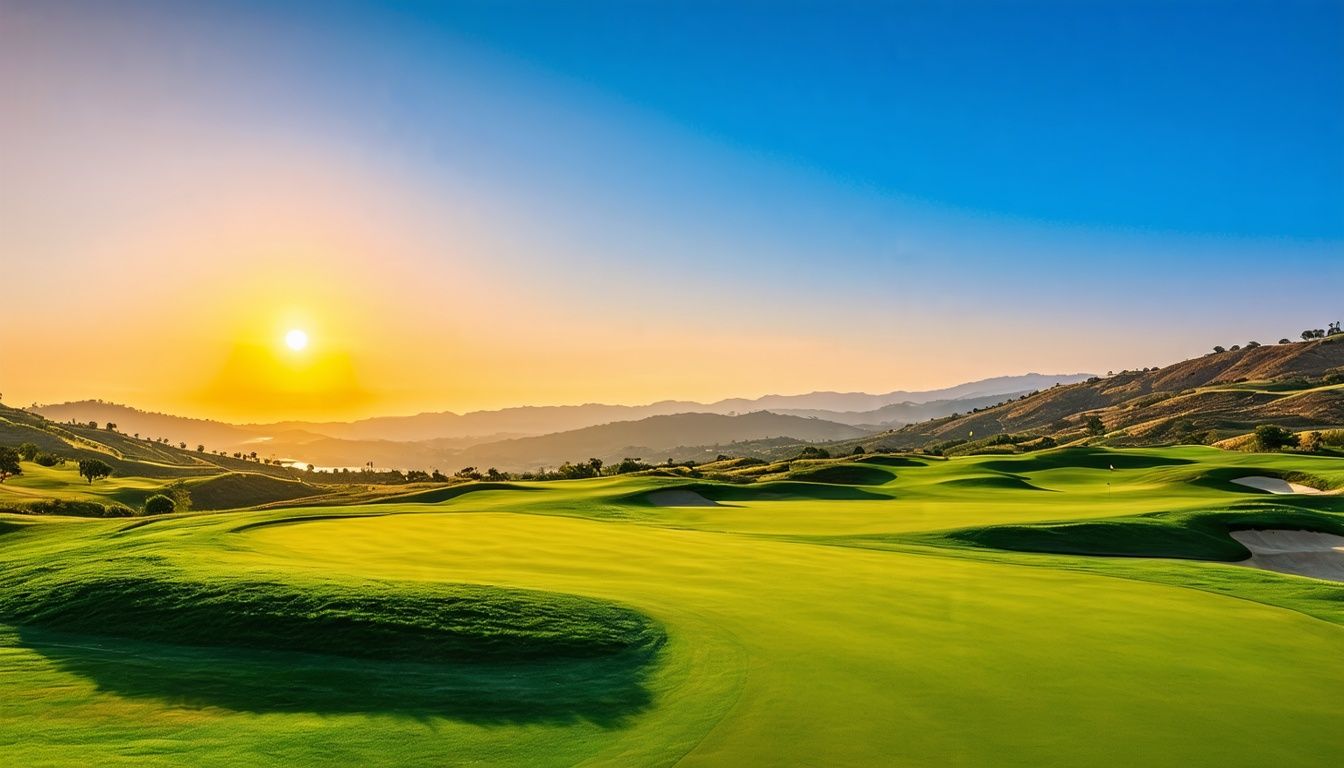 A panoramic view of a scenic golf course at dusk.