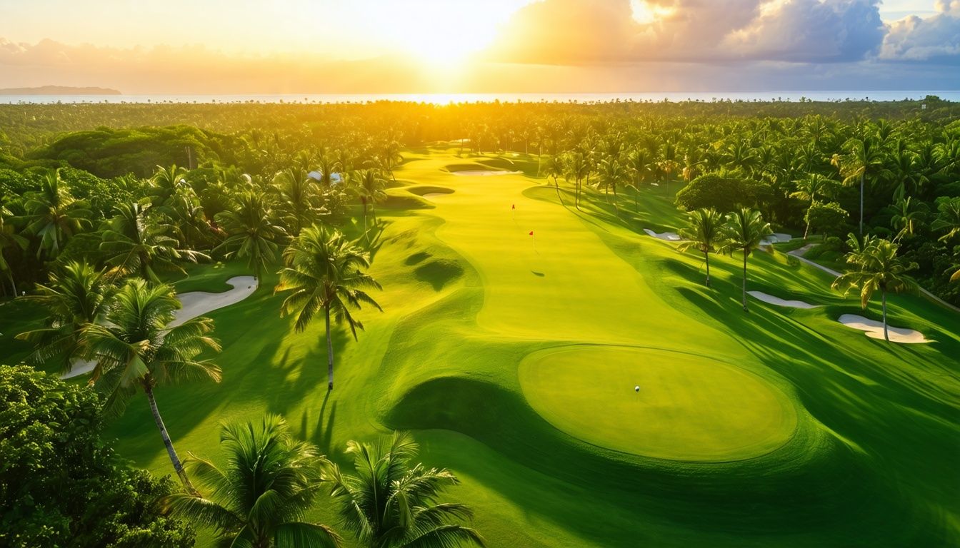 Aerial view of a lush golf course in the Dominican Republic.