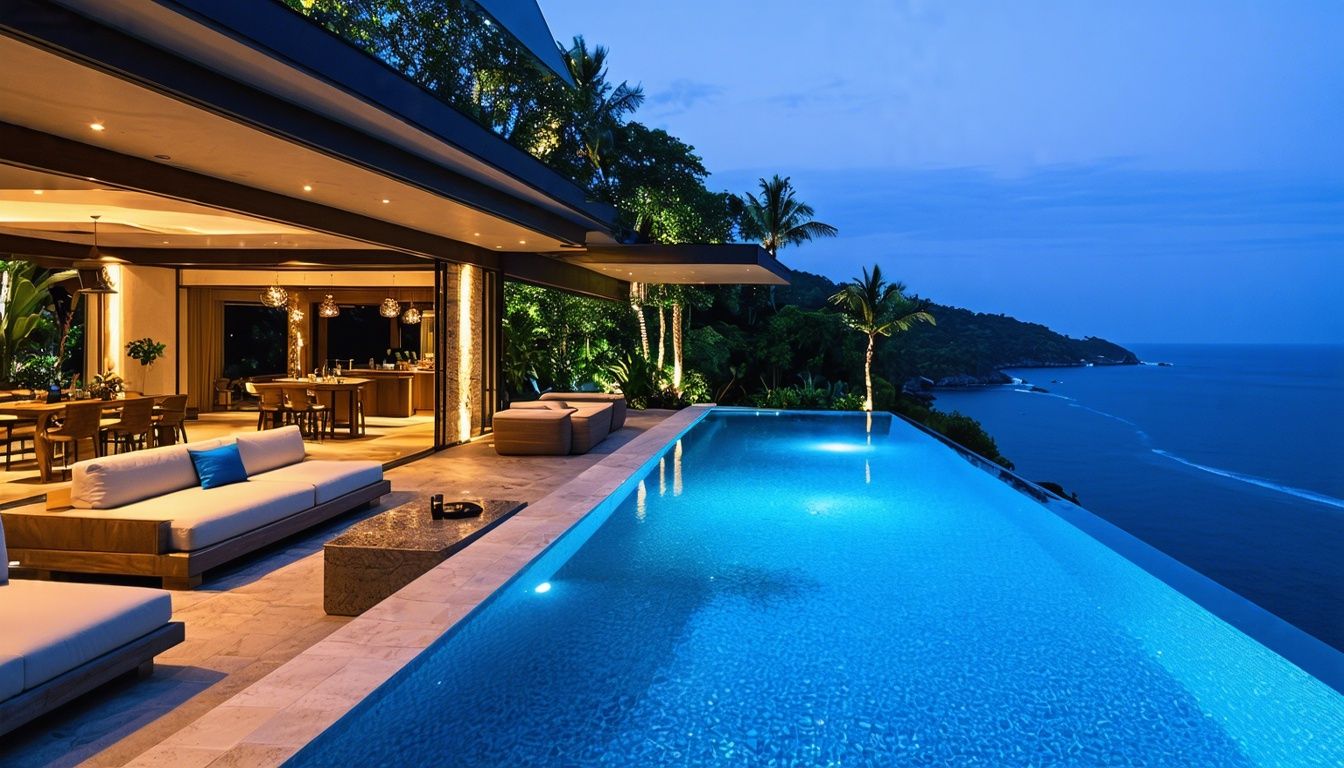 A luxurious celebrity villa with infinity pool overlooking the ocean.
