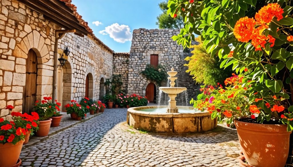 An elderly man meticulously chiseling limestone arches in altos de chavón. A historic cobblestone courtyard in Altos de Chavón with rustic buildings.