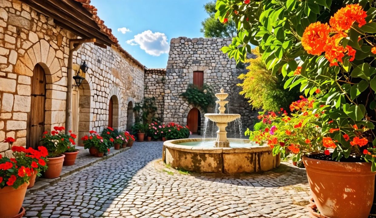 A historic cobblestone courtyard in Altos de Chavón with rustic buildings.