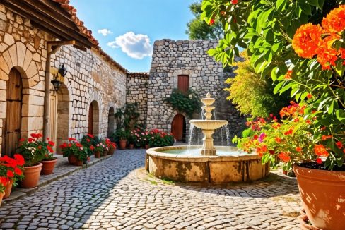 A historic cobblestone courtyard in Altos de Chavón with rustic buildings.