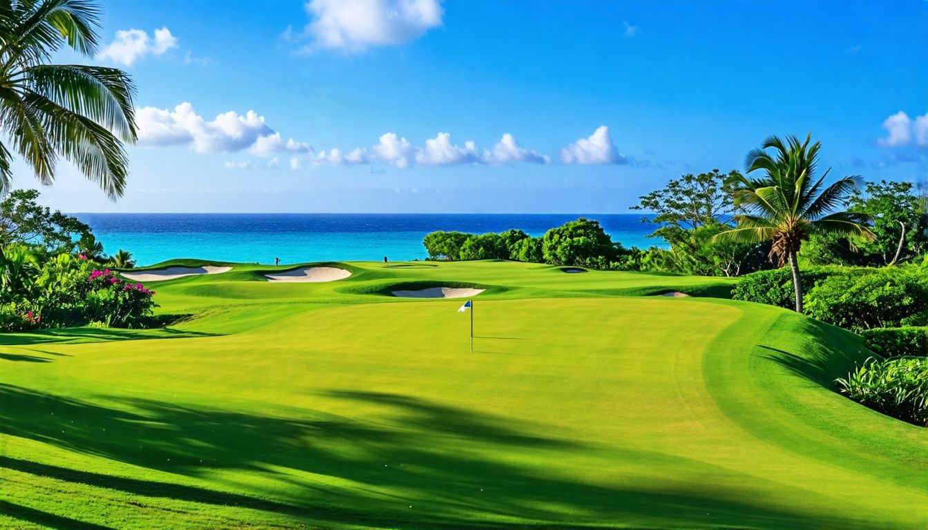 Lush golf course with Caribbean sea view.