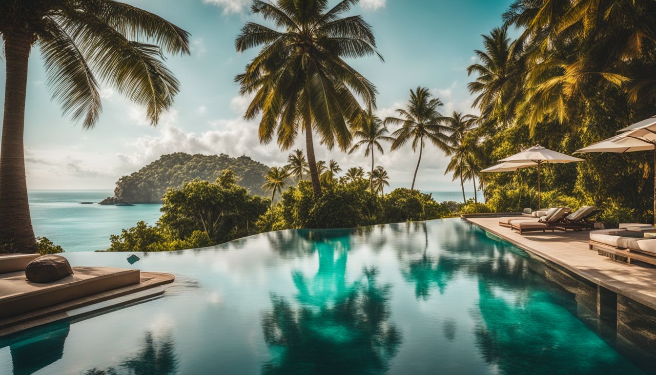 A luxurious infinity pool overlooking turquoise waters and lush palm trees.