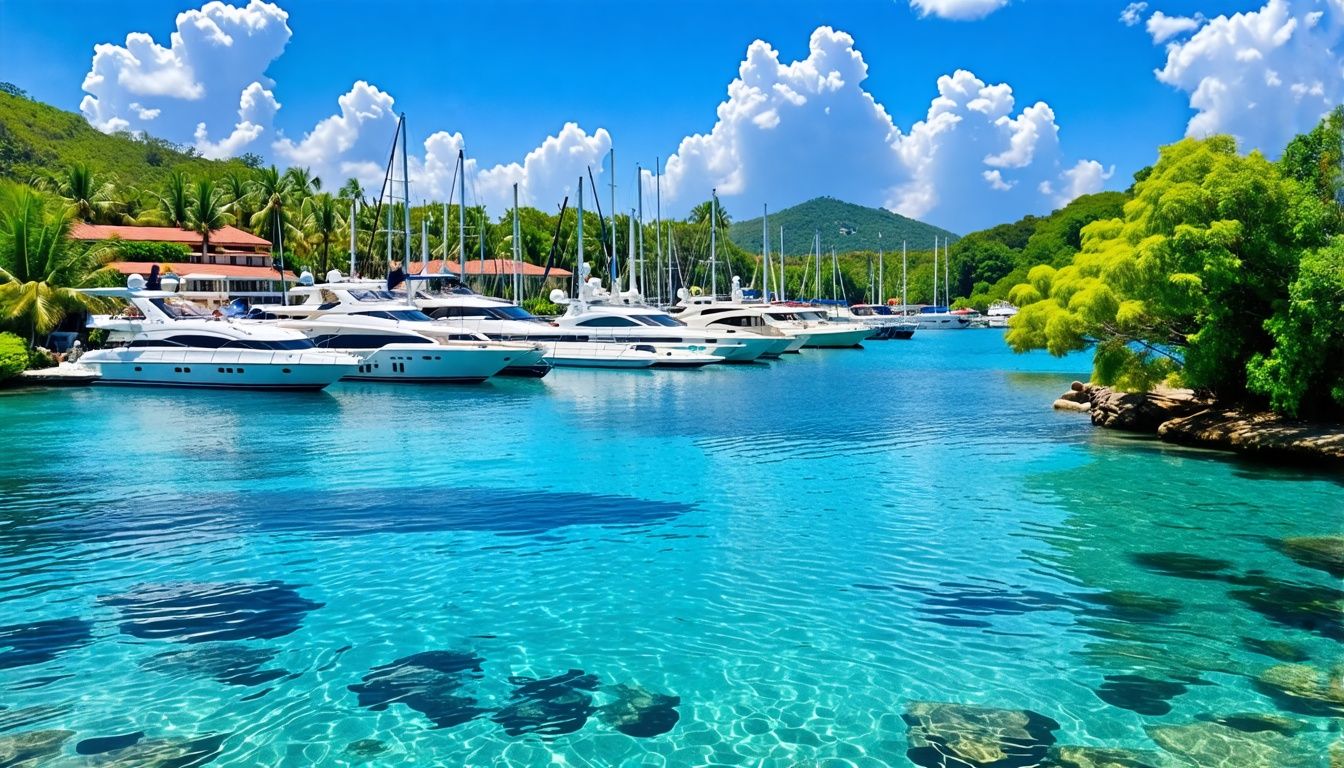 A tranquil marina with luxury yachts in Marina Casa de Campo.