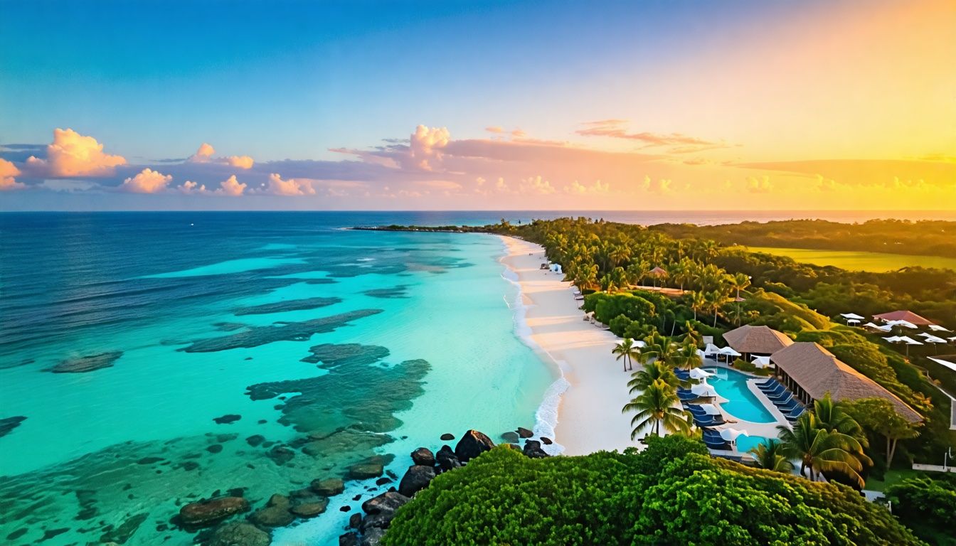 Aerial view of Minitas Beach at Casa de Campo at sunset.