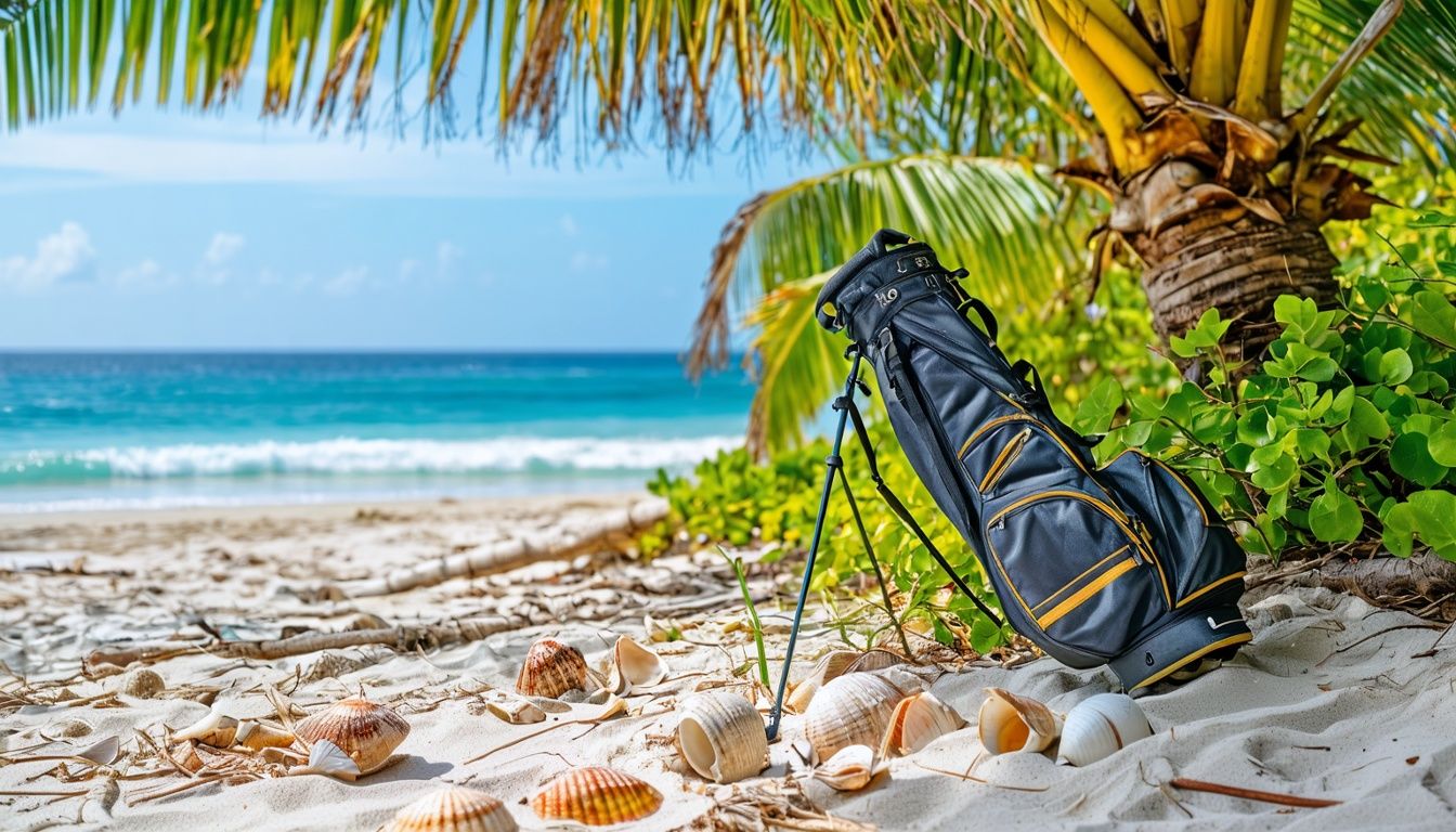 A golf bag on a sandy beach in the Dominican Republic.