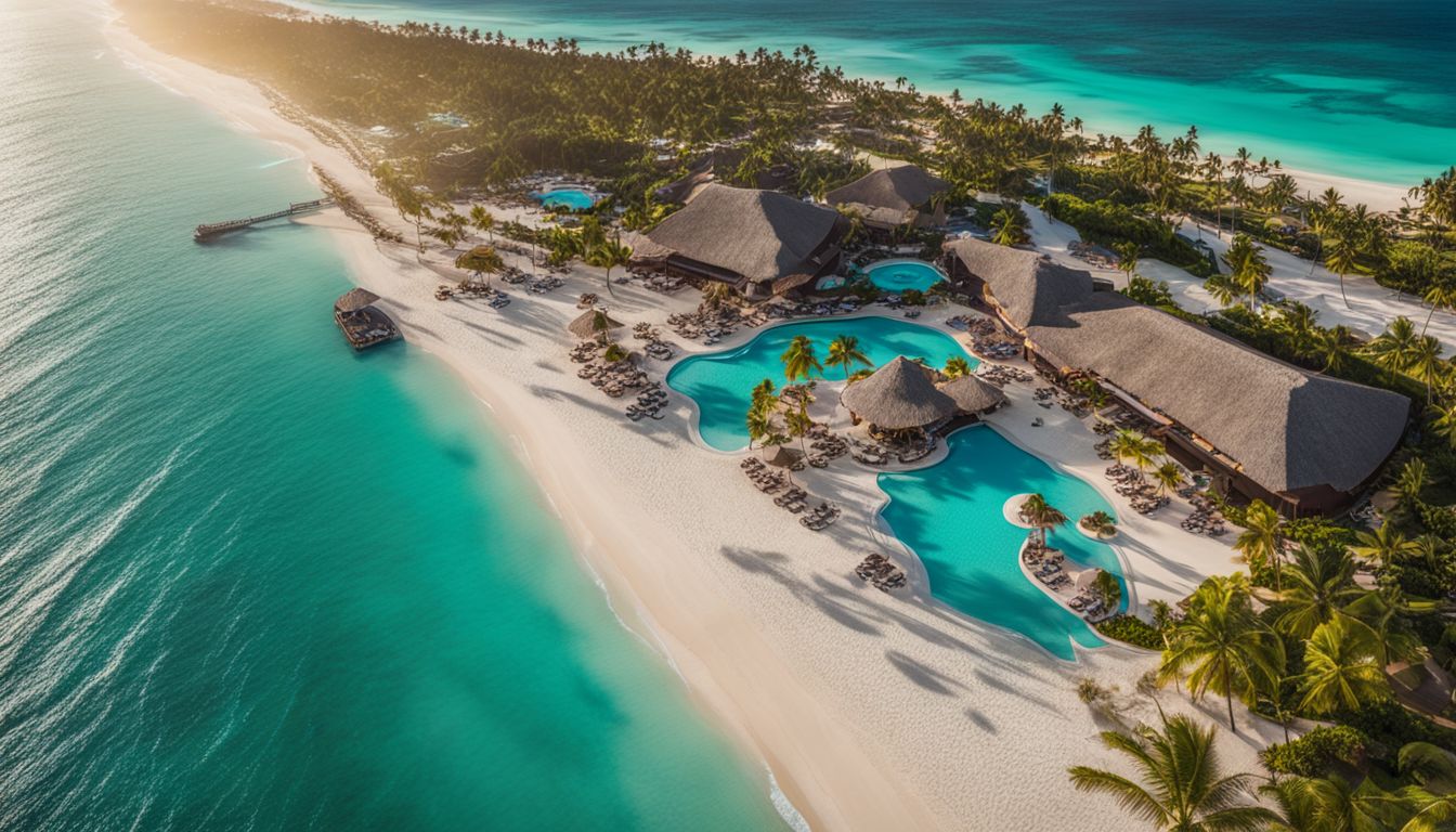 Aerial view of Punta Cana's beach clubs overlooking the turquoise ocean.