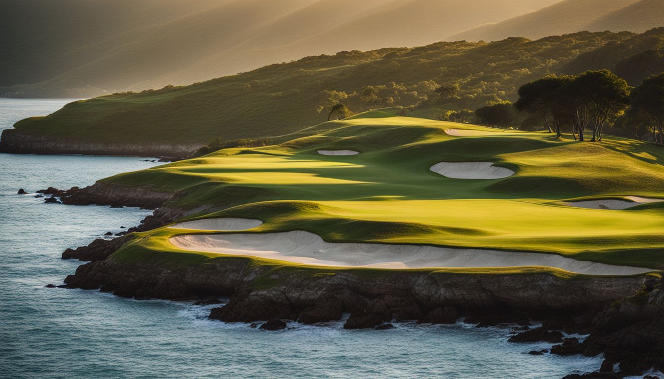 A golf course with a view of the Caribbean Sea.