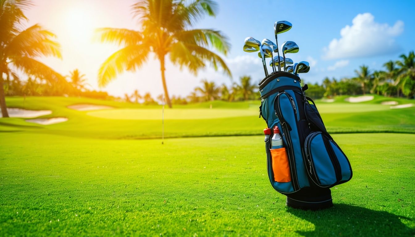 A golf bag packed for a day of golfing in the Dominican Republic.