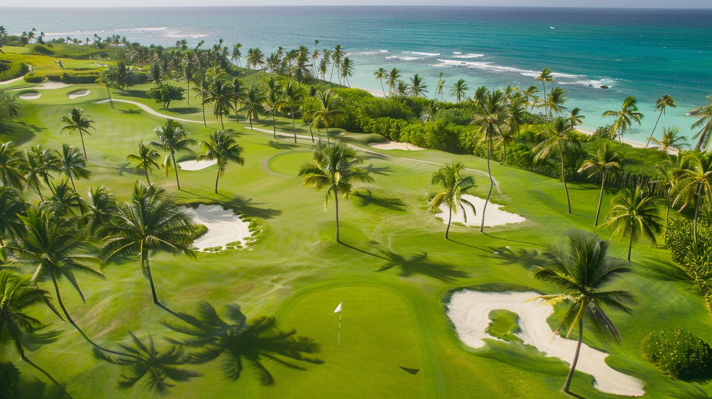 Aerial view of a lush Dominican Republic golf course in 2019.