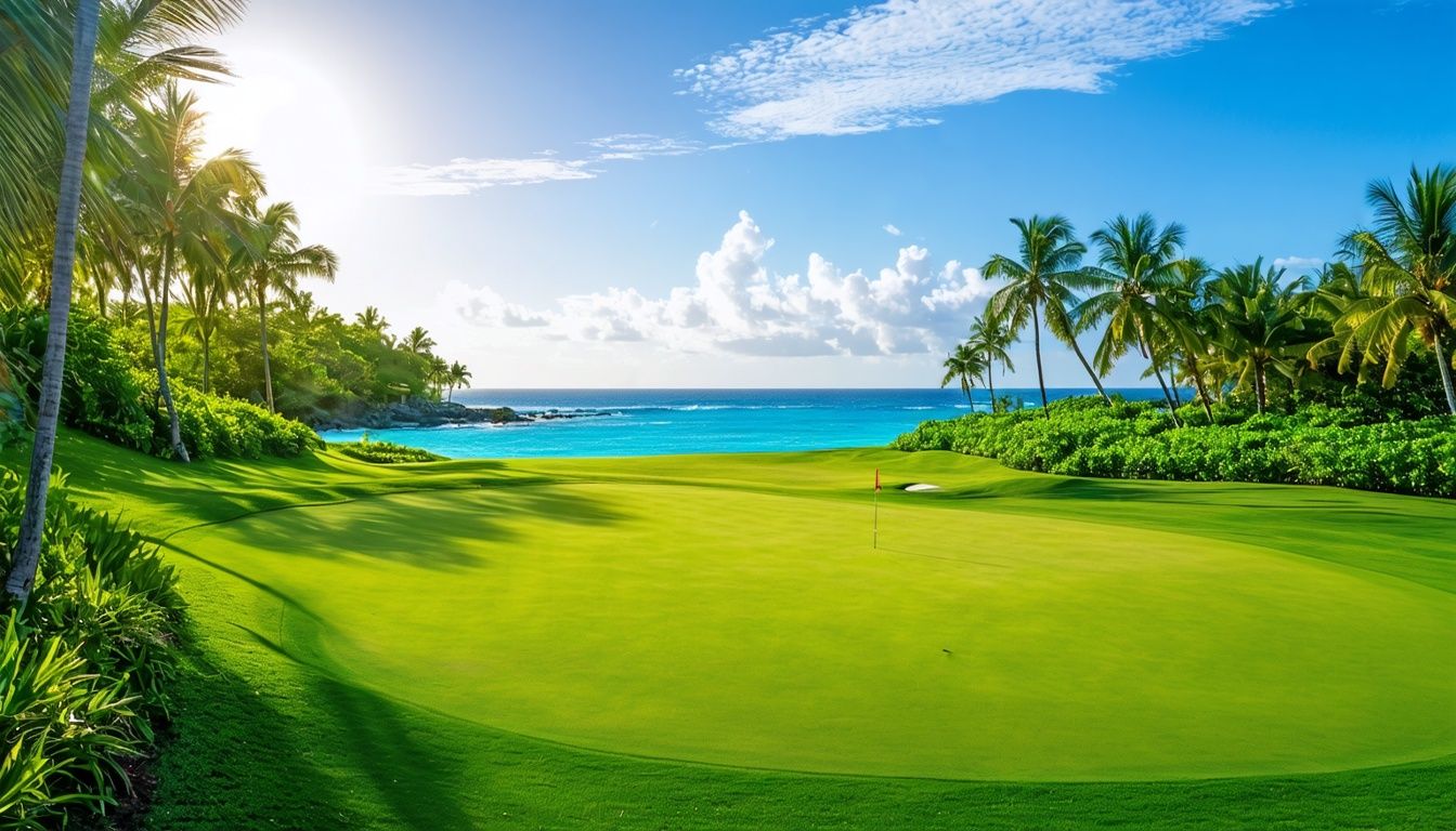 A picturesque golf course in the Dominican Republic with ocean views.