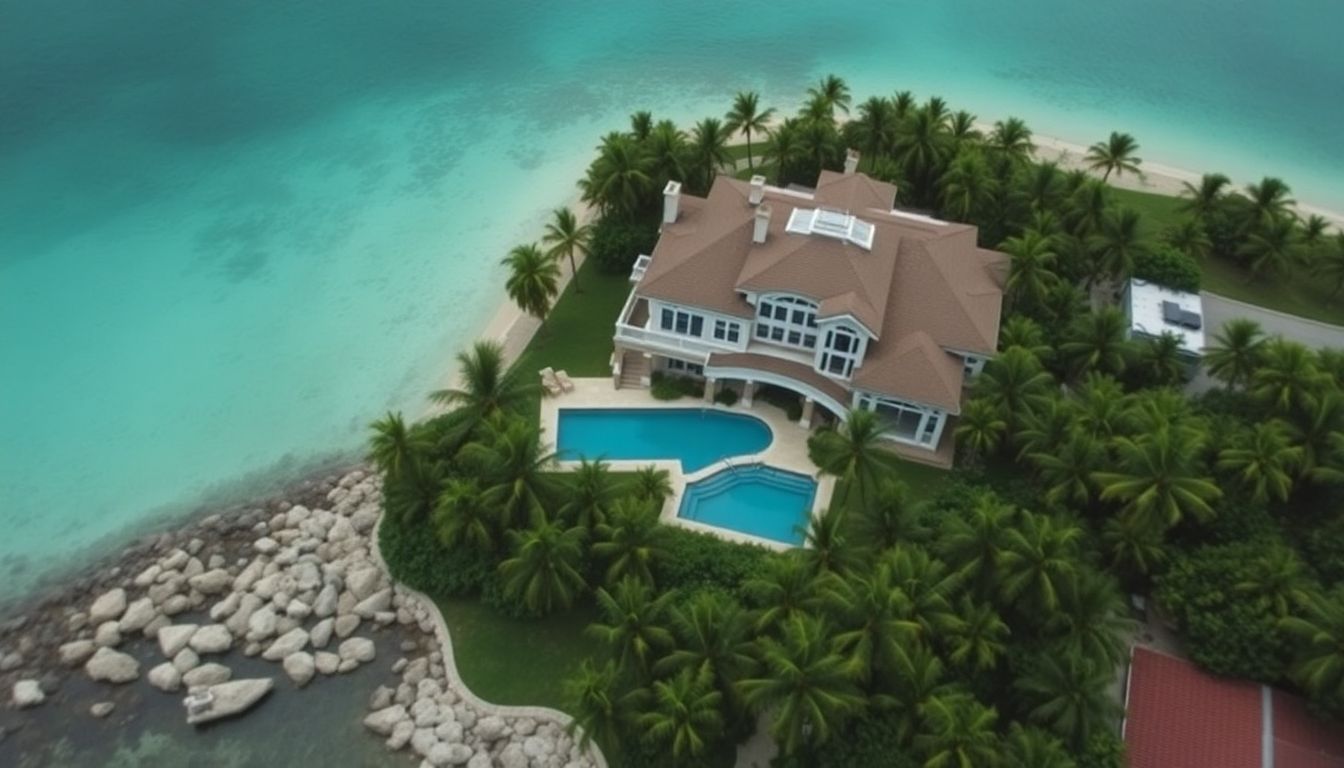 Aerial view of luxury villa with private beach and tropical surroundings.