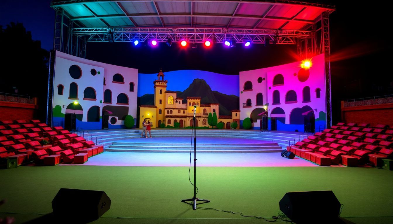 A colorful amphitheater stage at night with a single microphone stand.