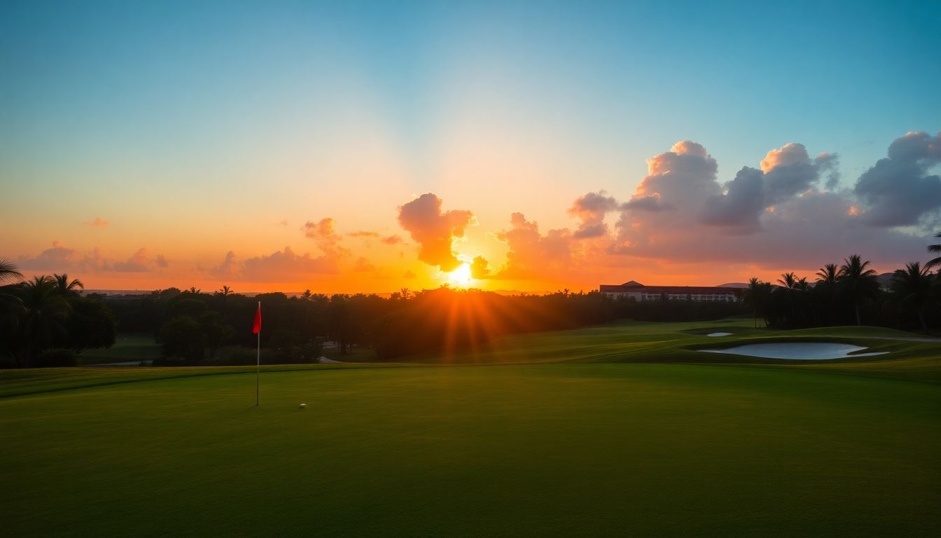 A vibrant sunset illuminates the Dye Fore golf course at Casa de Campo.