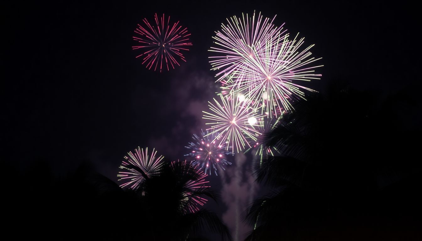 Palm trees silhouetted against vibrant fireworks at El Cañonazo in the Dominican Republic.