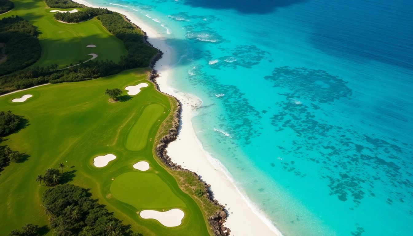 An aerial view of Punta Espada Golf Course with lush green fairways and Caribbean Sea.