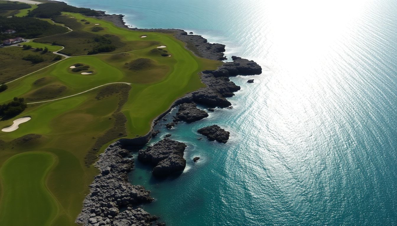 Aerial view of Teeth of the Dog® golf course with Caribbean Sea.