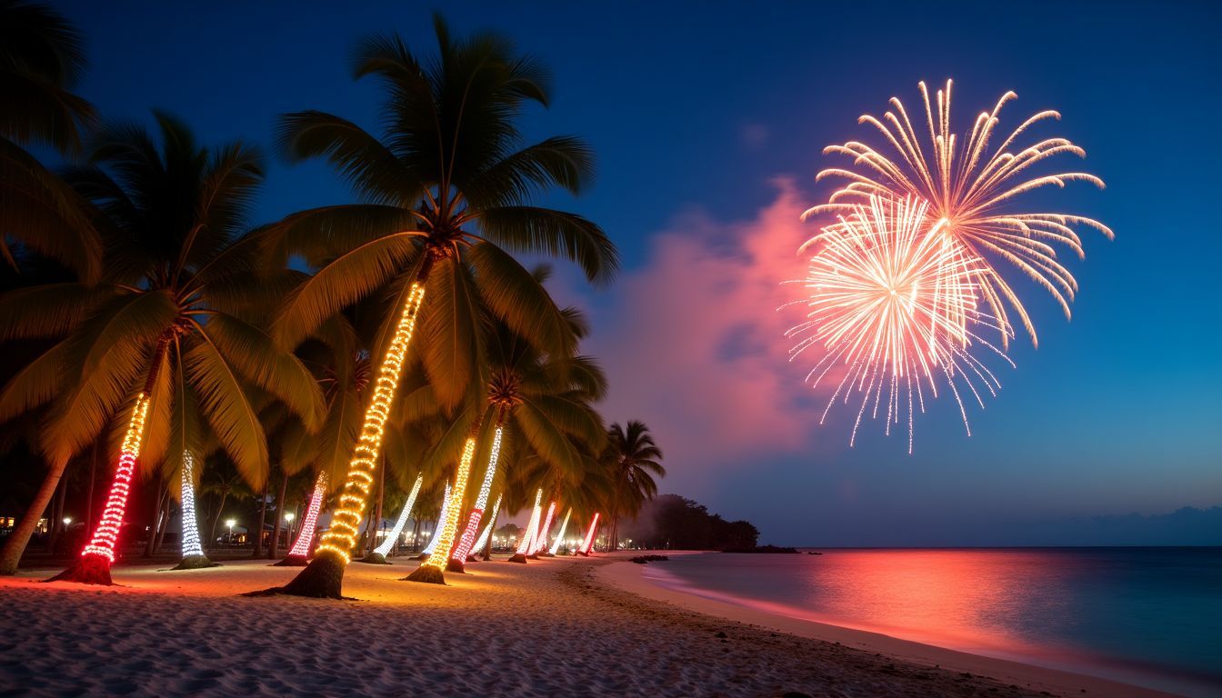 A festive beach at dusk with palm trees, colorful lights, and fireworks.