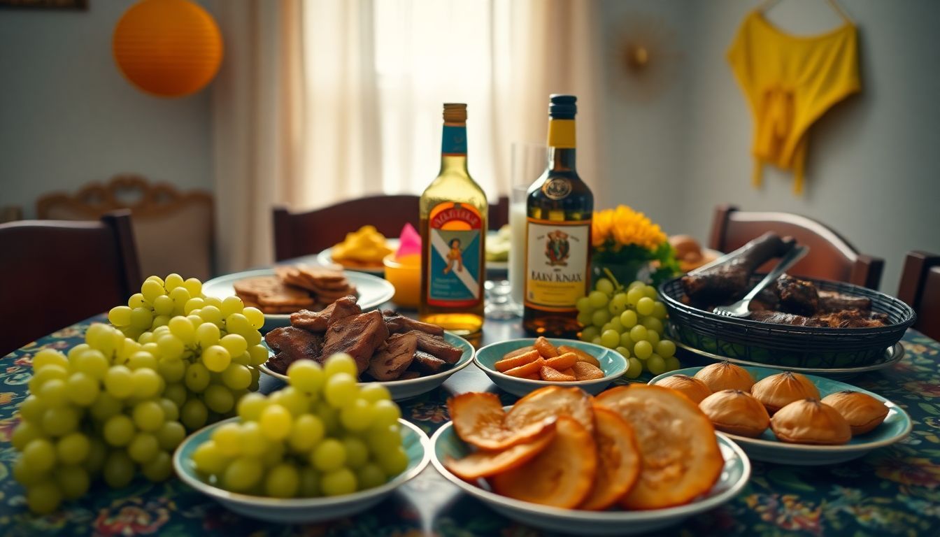 Vibrant table setting for Dominican New Year's Eve celebration with traditional dishes.