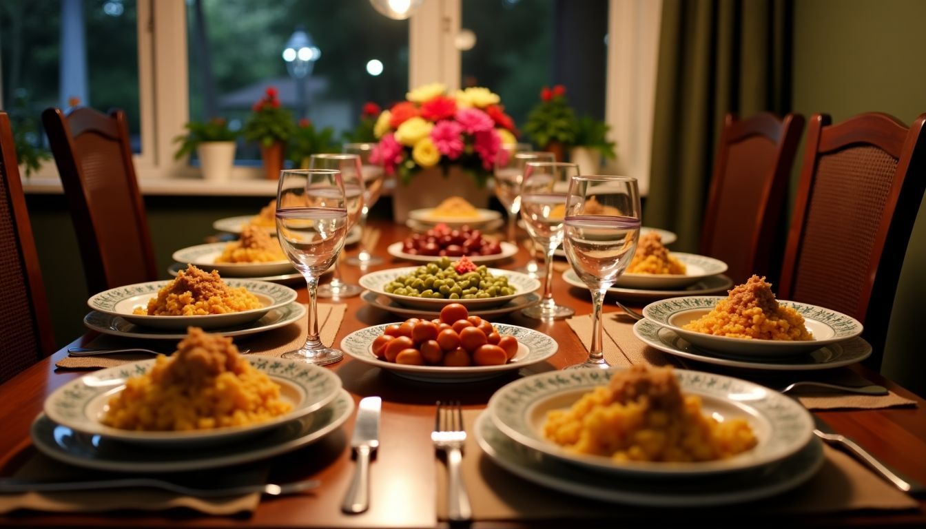 A beautifully set table featuring traditional New Year’s Eve dishes.