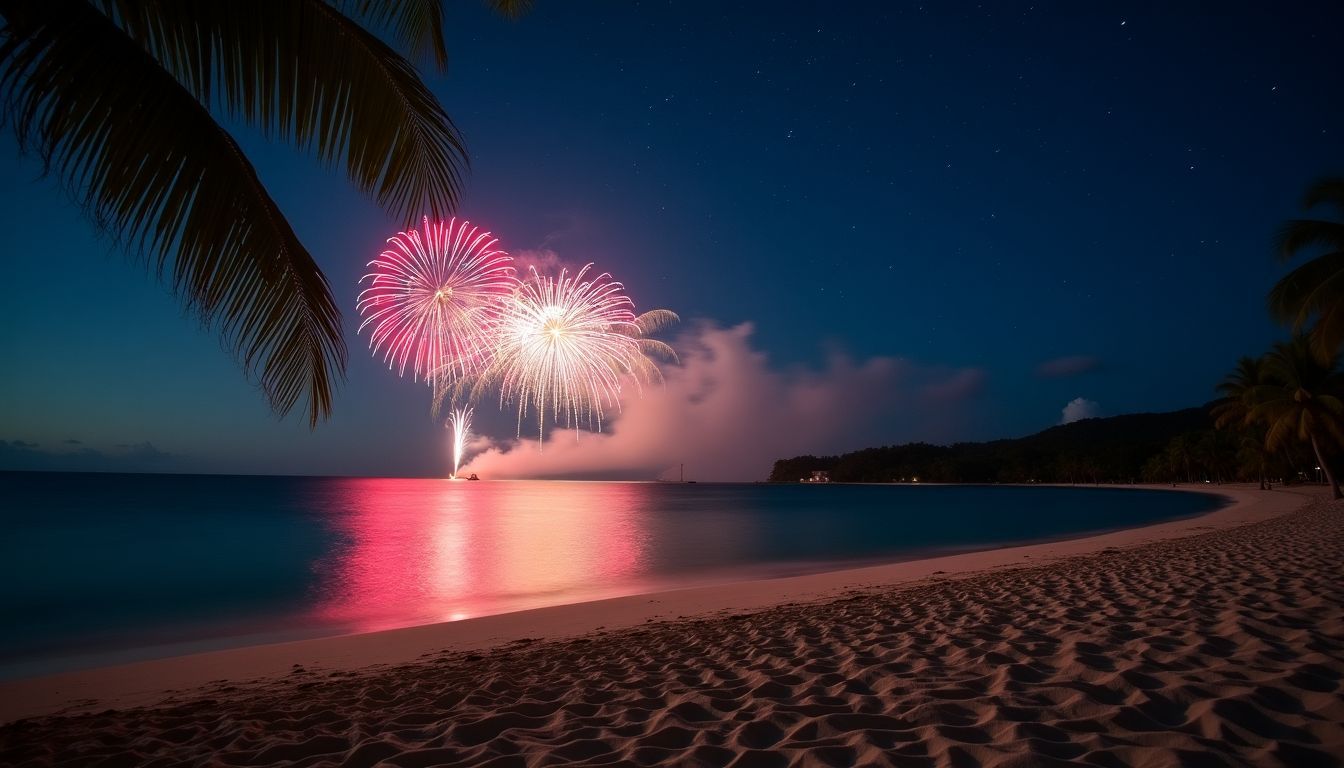 A peaceful beach in Punta Cana with colorful fireworks at night.