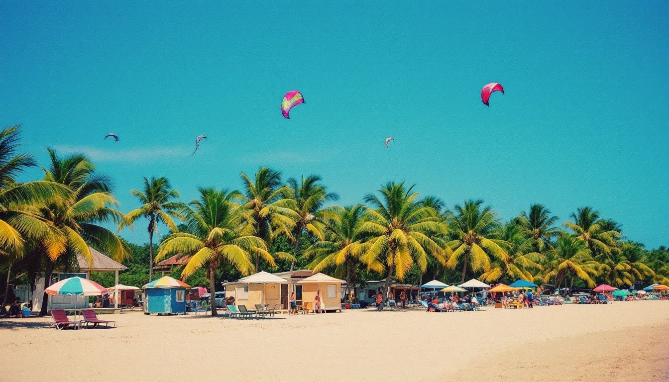 A vibrant beach scene in Cabarete with colorful kites flying high.