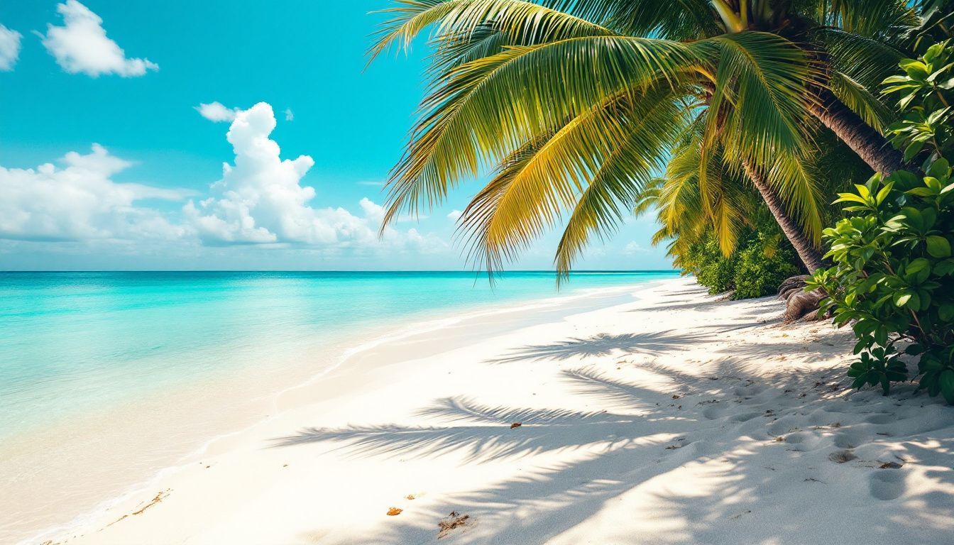 A deserted white sand beach with palm trees and crystal-clear water.