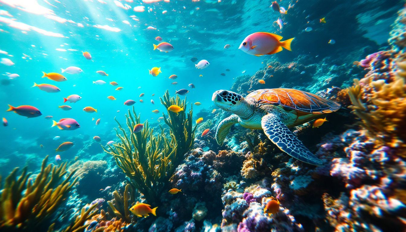 Vibrant coral reef with fish and sea turtle in clear waters.