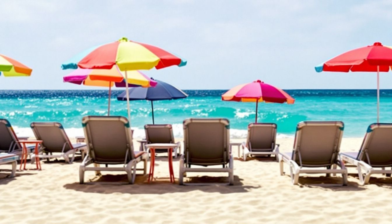 A serene and inviting beach scene with colorful umbrellas and chairs.