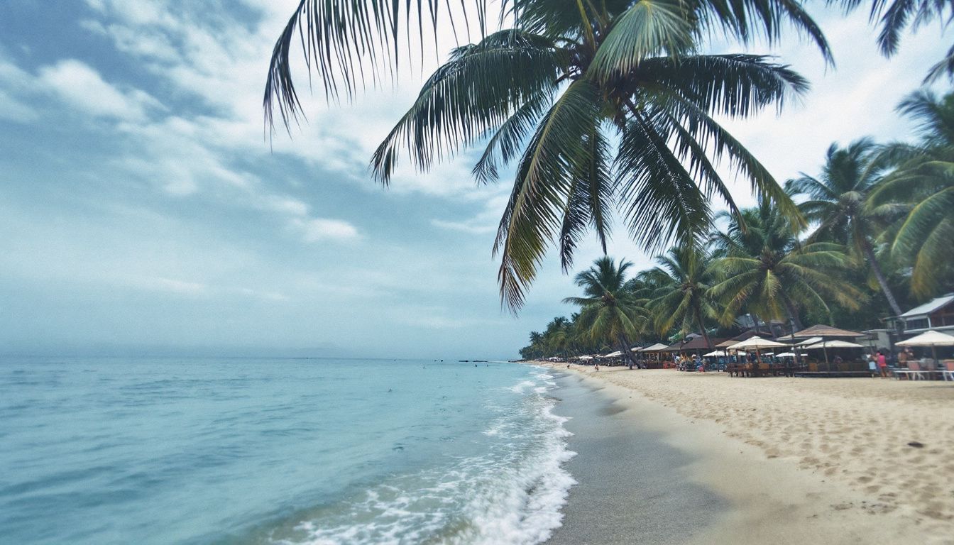 A calm tropical beach with palm trees and clear blue waters.