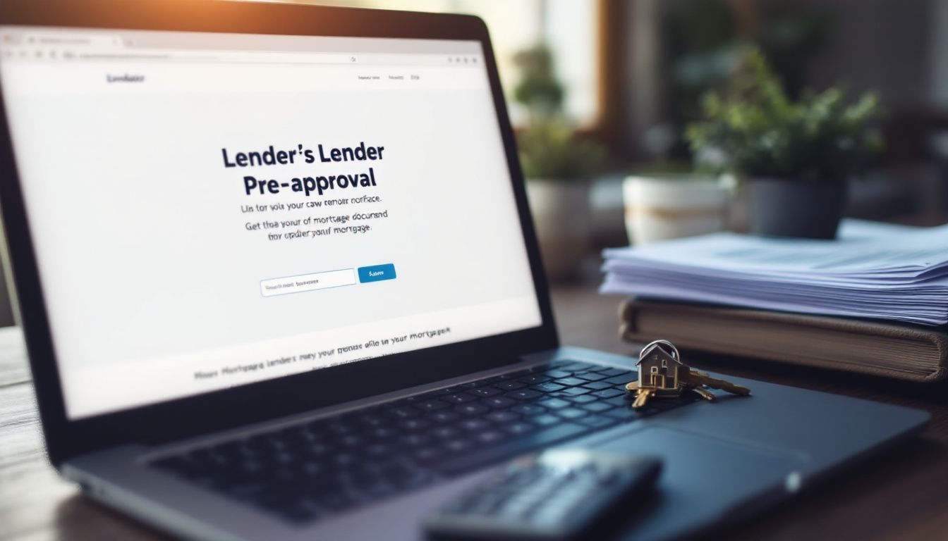 A laptop displays a mortgage lender's website with pre-approval notification.