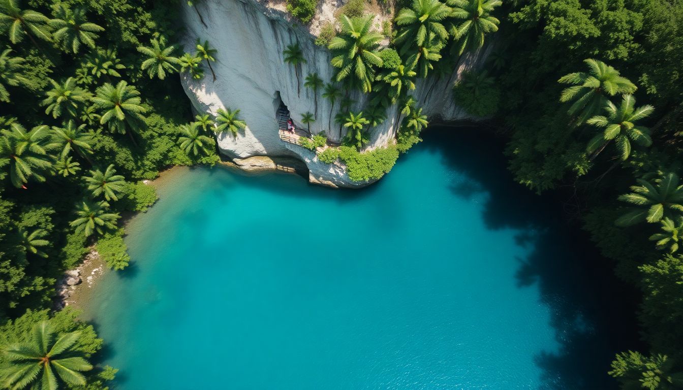 Aerial view of Hoyo Azul cenote with vibrant blue waters.