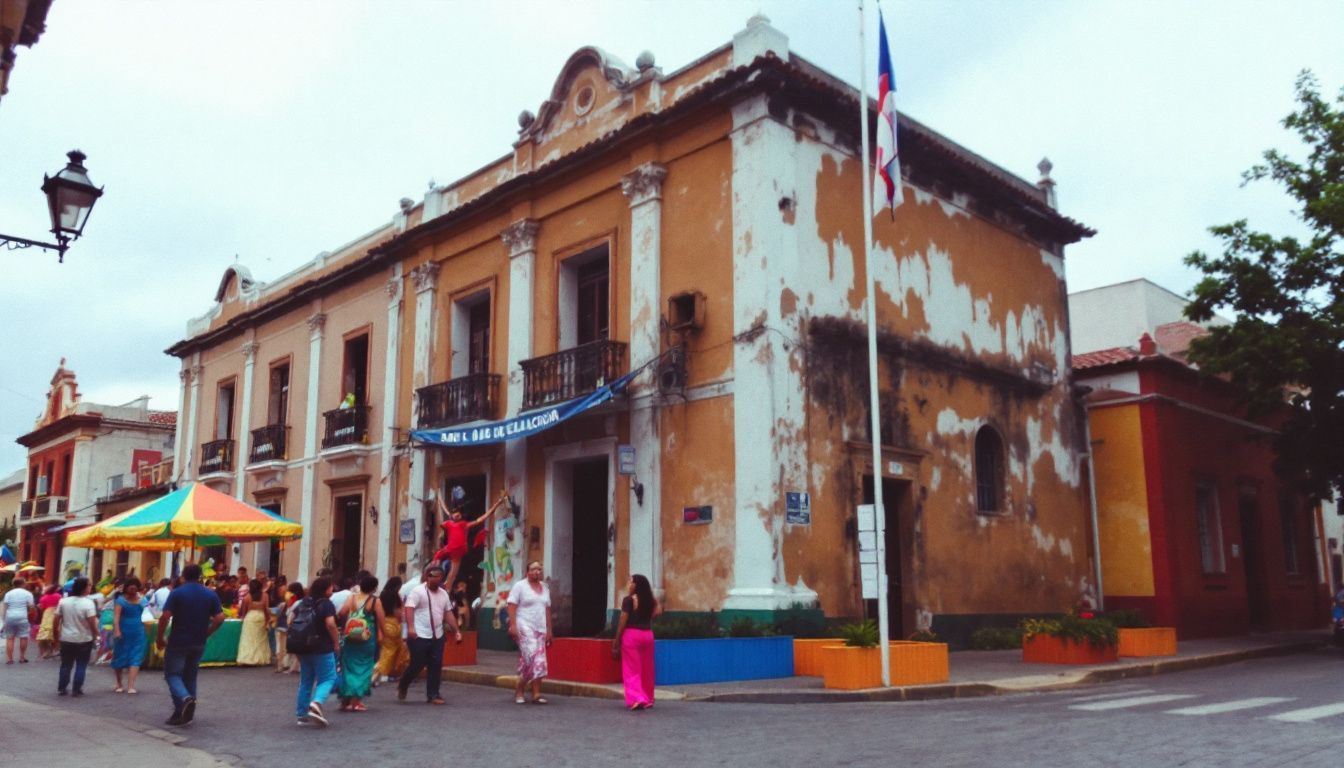 A historical colonial building in San Pedro de Macorís with vibrant festival colors.