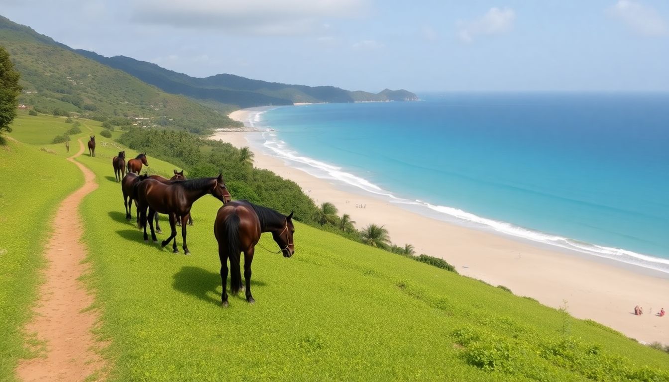 Tranquil scene of horses grazing in the lush Dominican landscape.