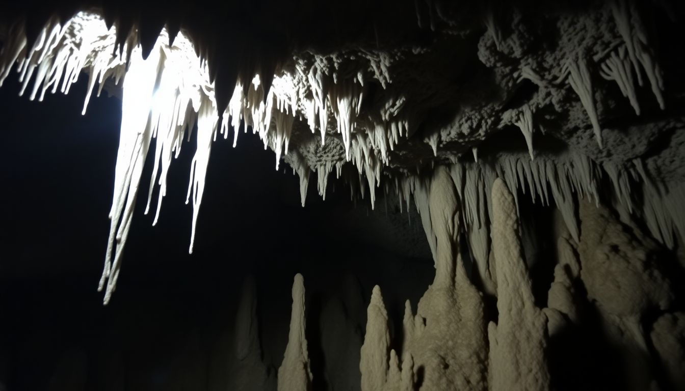 A photo of a beautifully lit underground cave with striking formations.