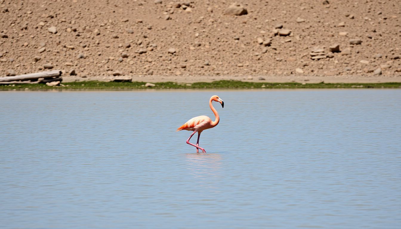 A lone American flamingo wading in Lake Enriquillo against a rocky backdrop.