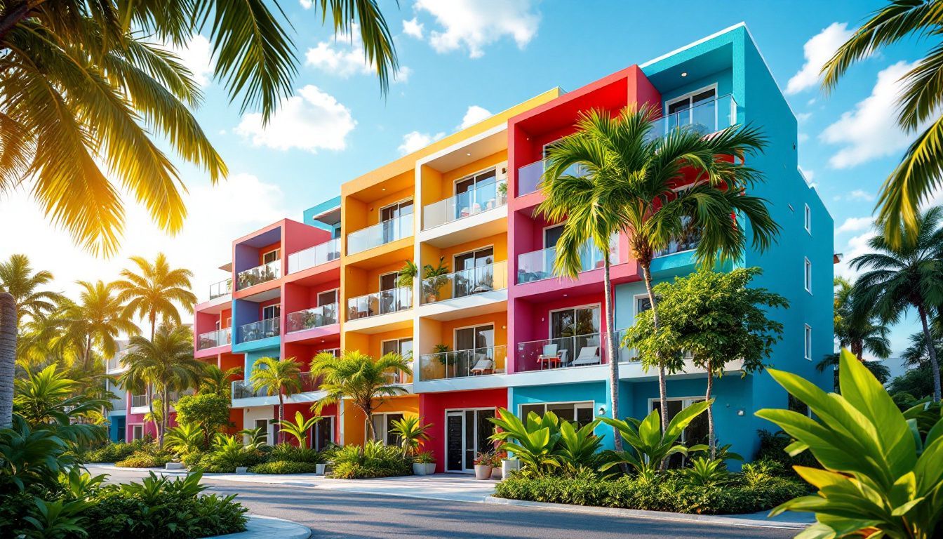 A modern apartment building in the Dominican Republic surrounded by tropical plants.