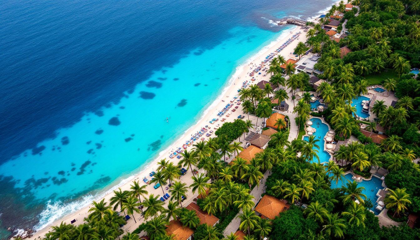 An aerial view of a luxurious beachfront resort in the Dominican Republic.