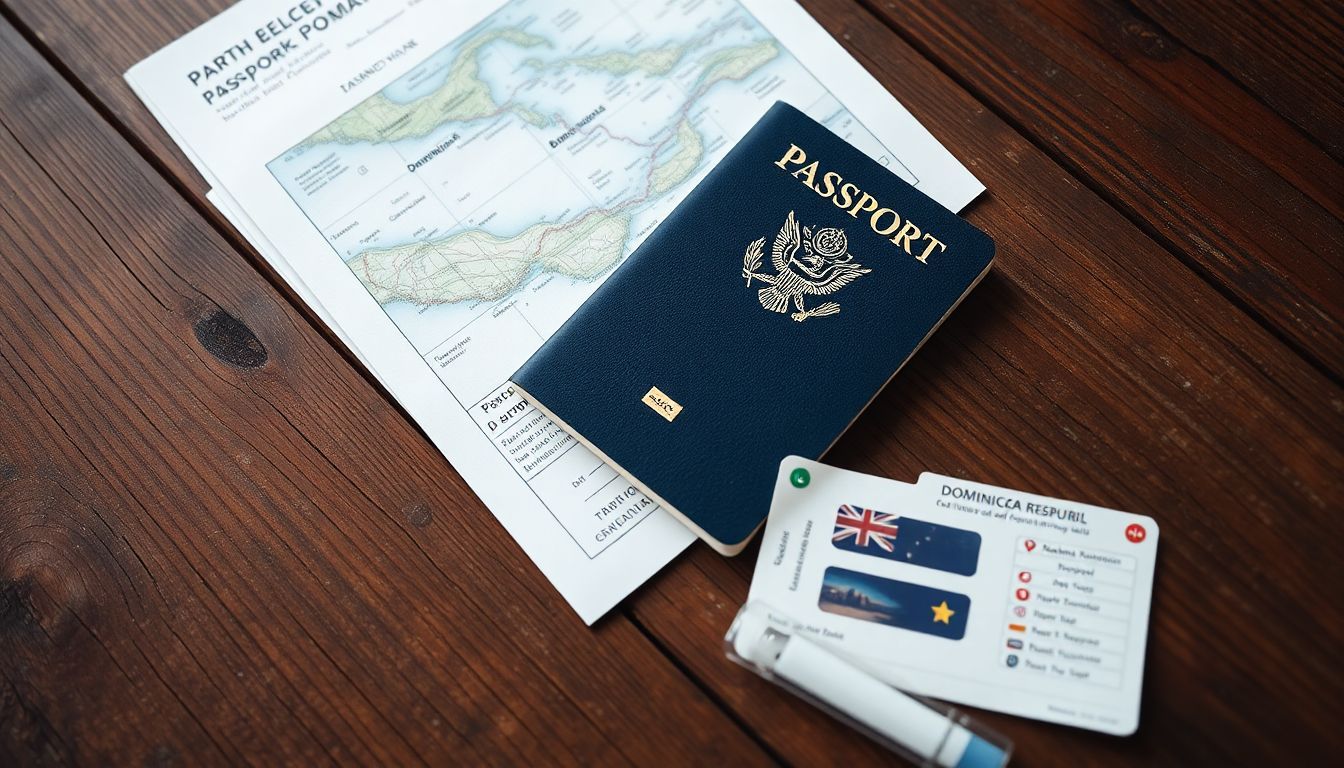 A well-worn passport and travel documents on rustic table.