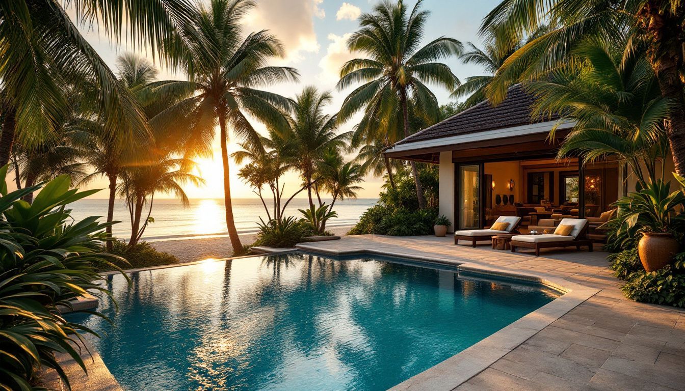 A secluded beachfront villa with a private pool and lush surroundings.