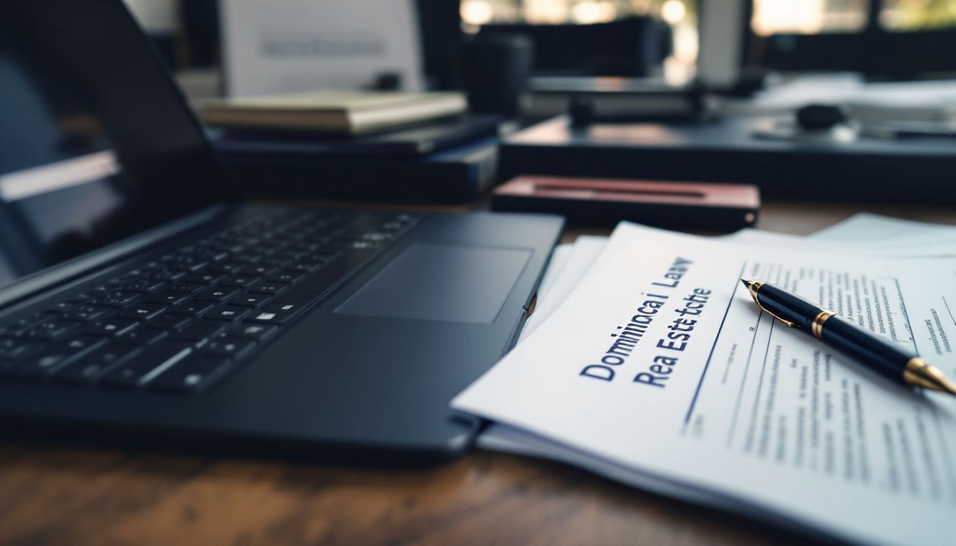 Empty office desk with legal documents and laptop.