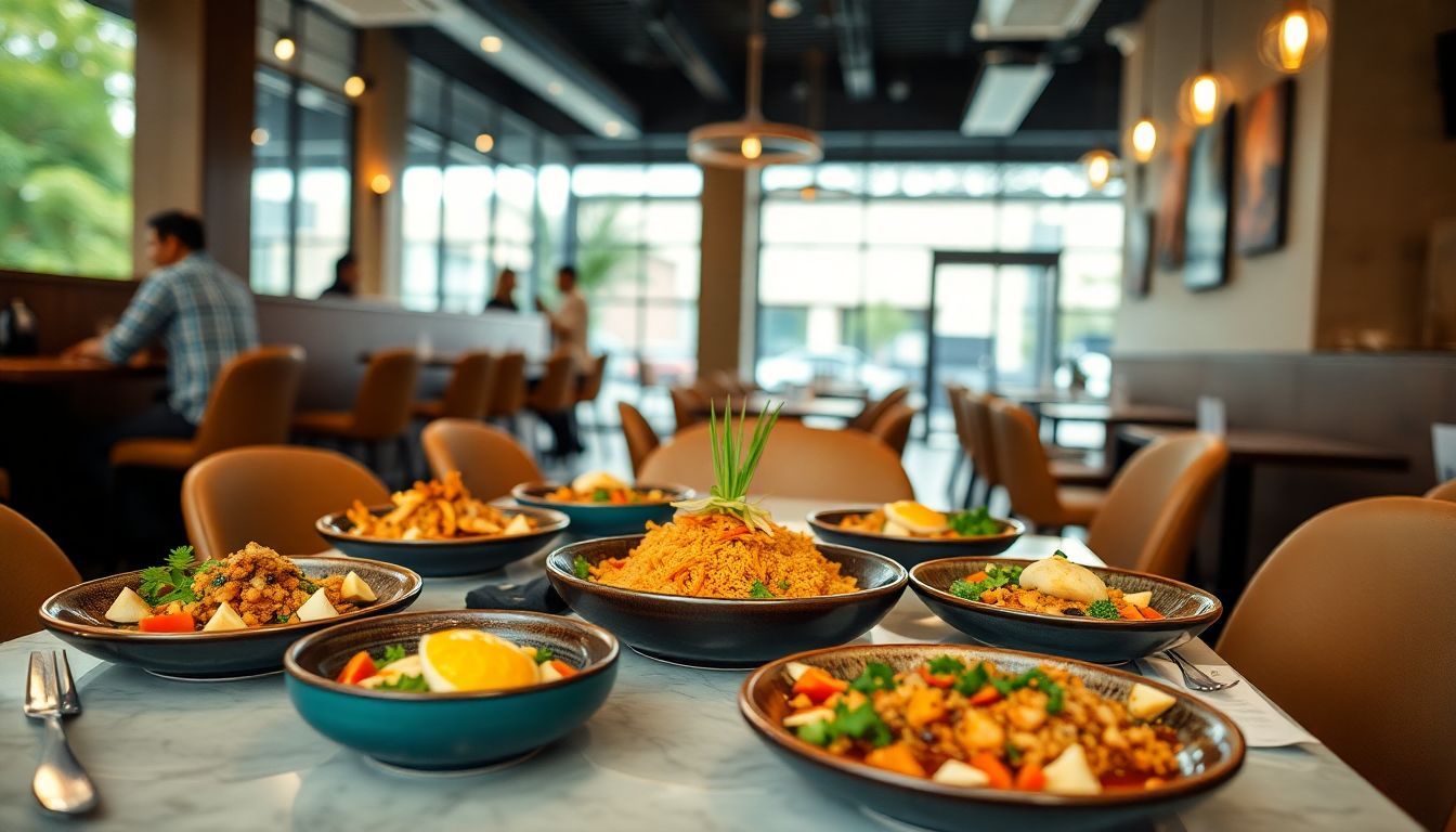 A table in a modern restaurant with colorful dishes and stylish decor.