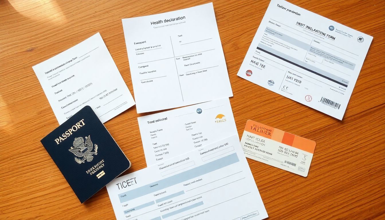 Travel documents including passport, tickets, and vaccination records on a table.