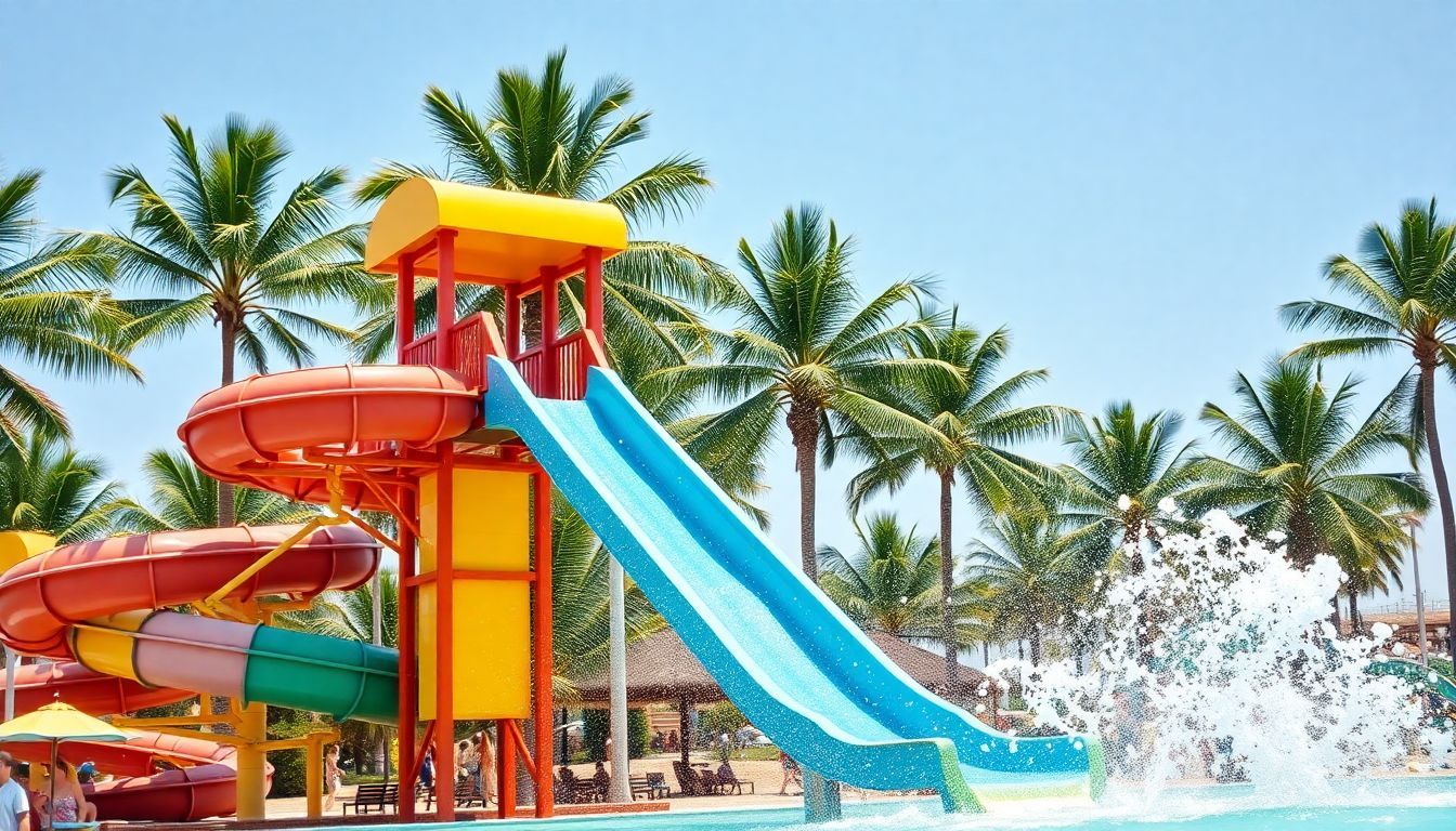 A colorful water slide in a busy water park on a sunny day.