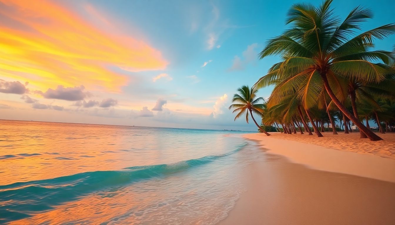 Tranquil beach scene in Punta Cana, Dominican Republic at sunset.