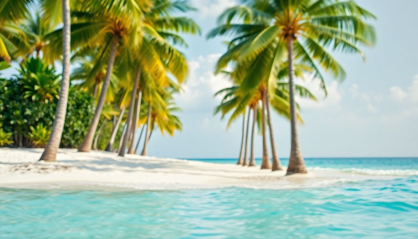 A serene beach with palm trees, turquoise water, and tropical greenery.