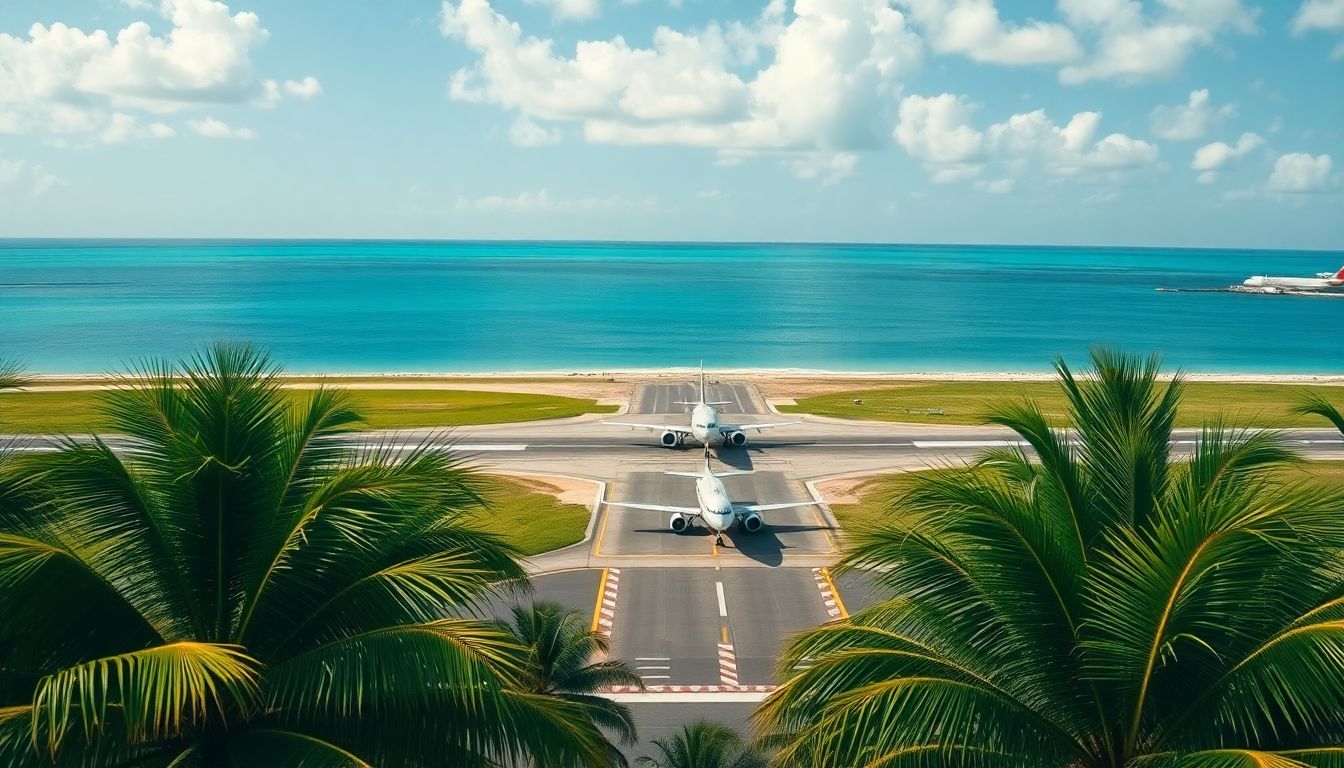 Aerial view of Punta Cana International Airport runway with taxiing planes.