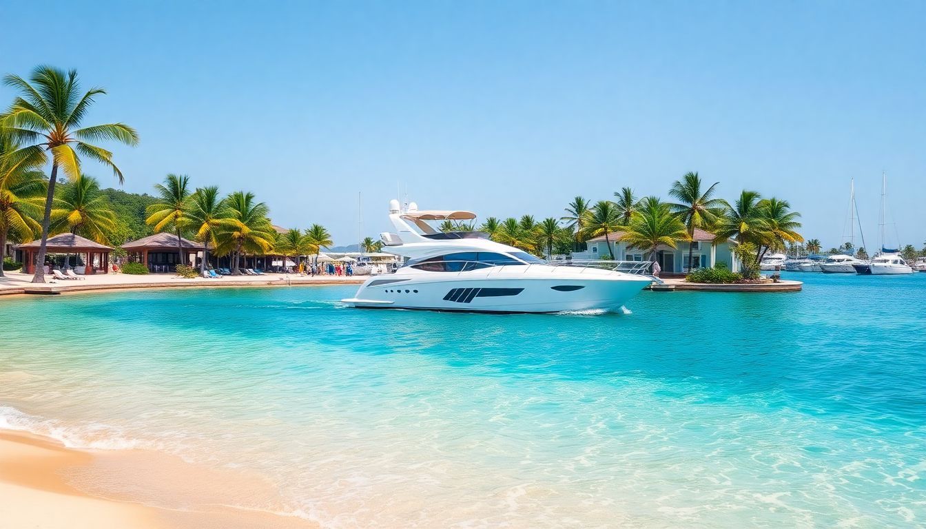 A yacht sails through the clear turquoise waters of Marina Cap Cana.